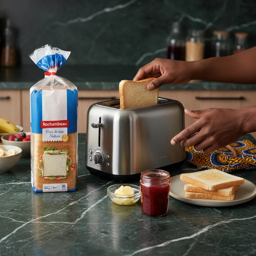 Tranche de pain de mie Rochambeau insérée dans un grille-pain, parfaite pour toasts et sandwichs.